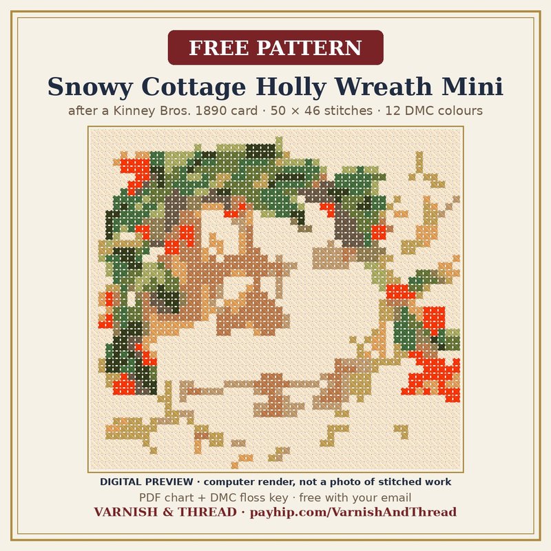 Varnish & Thread: FREE Snowy Cottage Holly Wreath Mini Cross Stitch Pattern, Victorian Christmas Card (PDF)